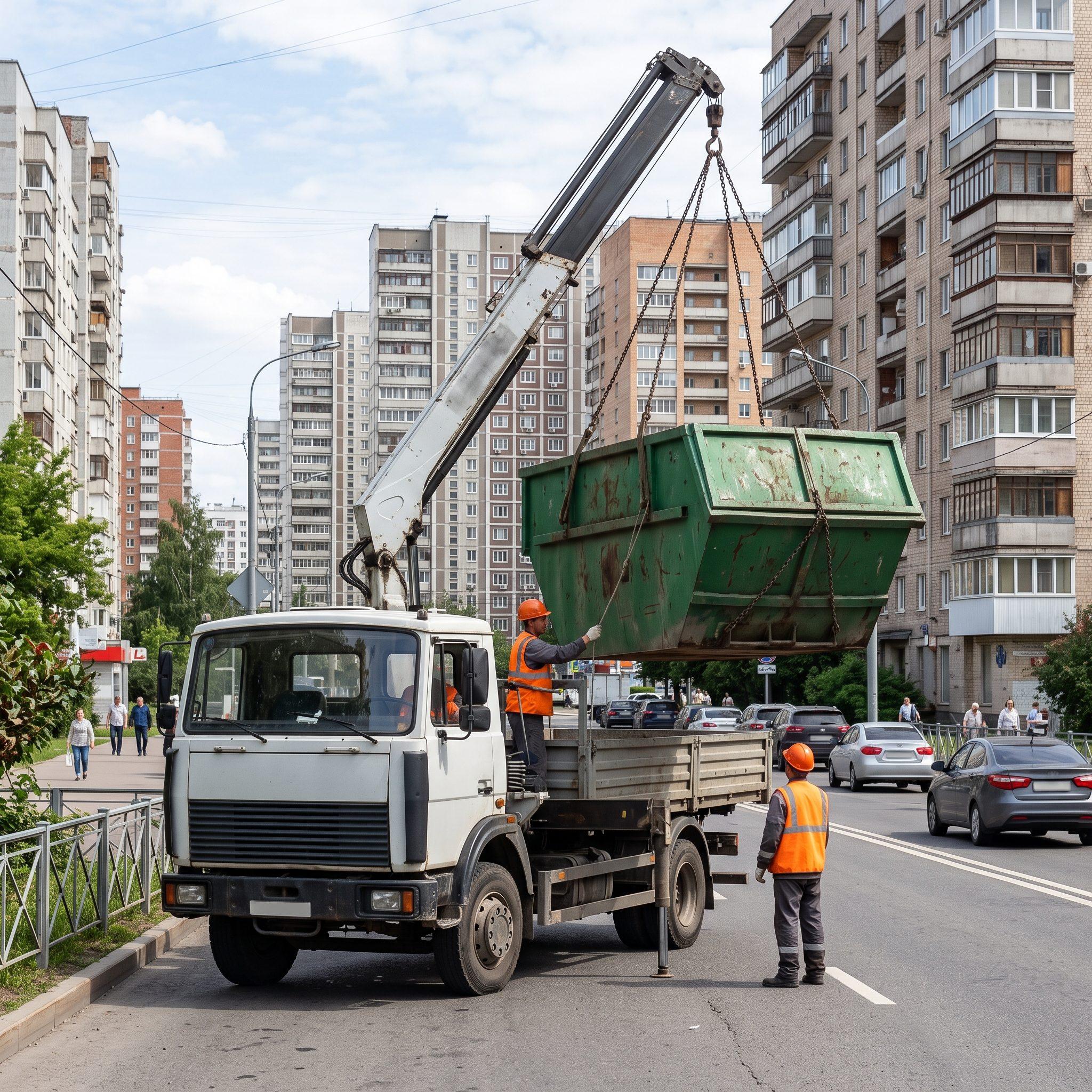 Погрузка контейнера для вывоза мусора — спецтехника компании
